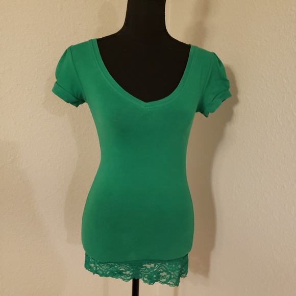 4 for $20 Bundle & Save Green Cotton Tee with Lace - Picture 2 of 7